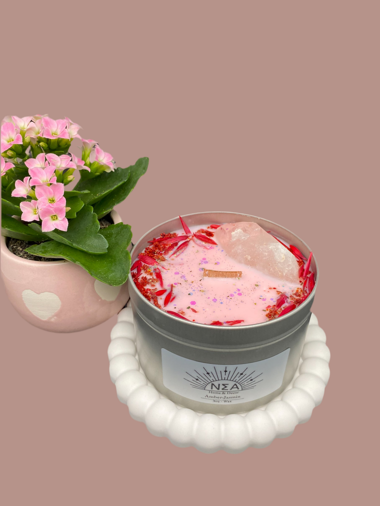 Amber-Jasmin Ritualkerze mit Bergkristall – Vegane Duftkerze aus Sojawachs