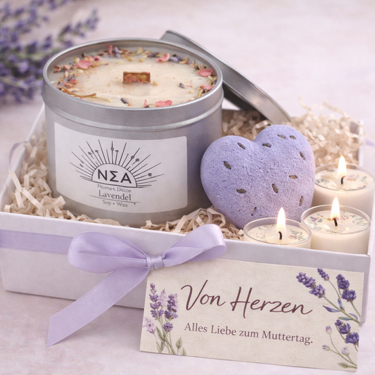 Geschenkset Lavendel – Duftkerze, Badebombe & Teelichter in Geschenkbox