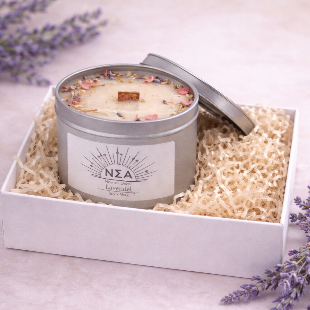 Geschenkset Lavendel – Duftkerze, Badebombe & Teelichter in Geschenkbox