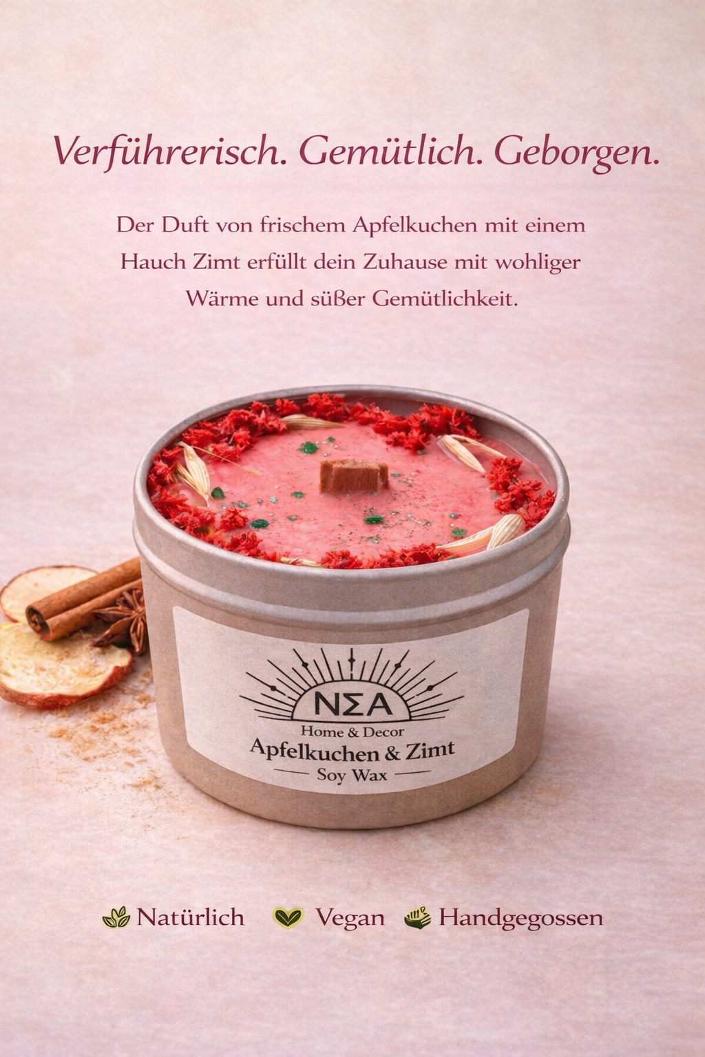 Apfelkuchen-Zimt – Vegane Duftkerze aus Sojawachs